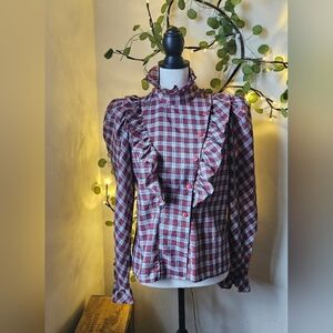 Vintage Diane Gilman for Cabal Ruffled Plaid shirt size medium puffy shoulder
